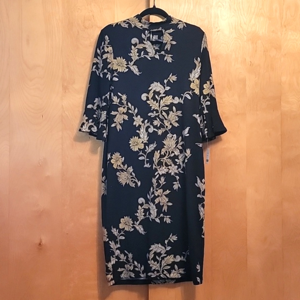 Gabby Skye Mock Neck Black Floral Sheath Dress Ruffled Sleeve